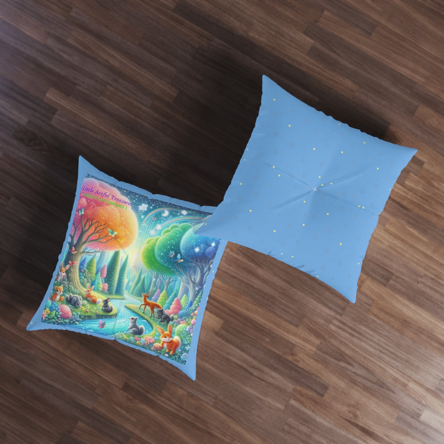 "Little Artful Treasures" Collection - Floor Pillow, Tufted Cushion — 'Forest Lite Dreams 1' by vca - 2 sided - Lt. Blue