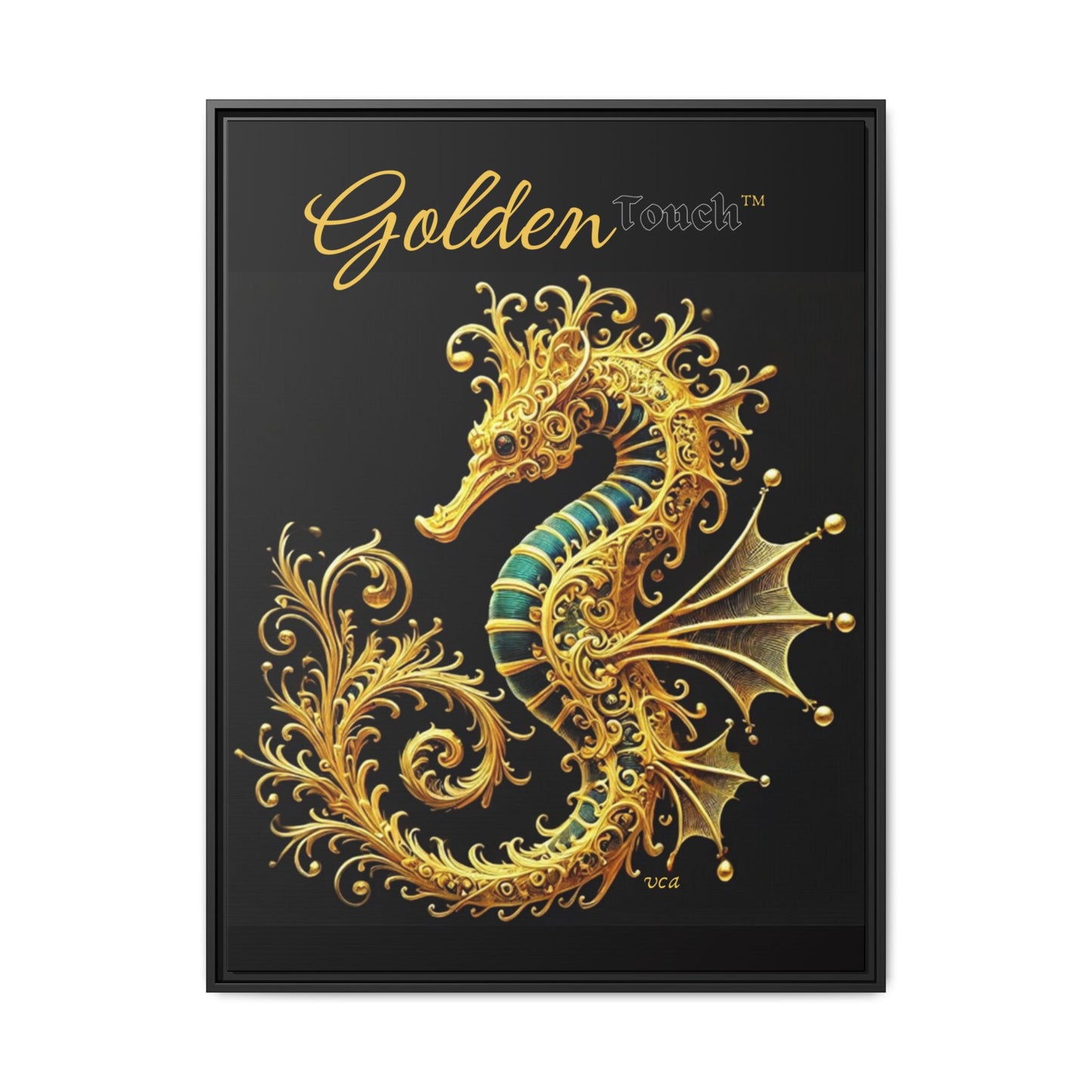 "Golden Touch" Collection – Framed '24k Gold & Emerald Seahorse' Matte Canvas by vca
