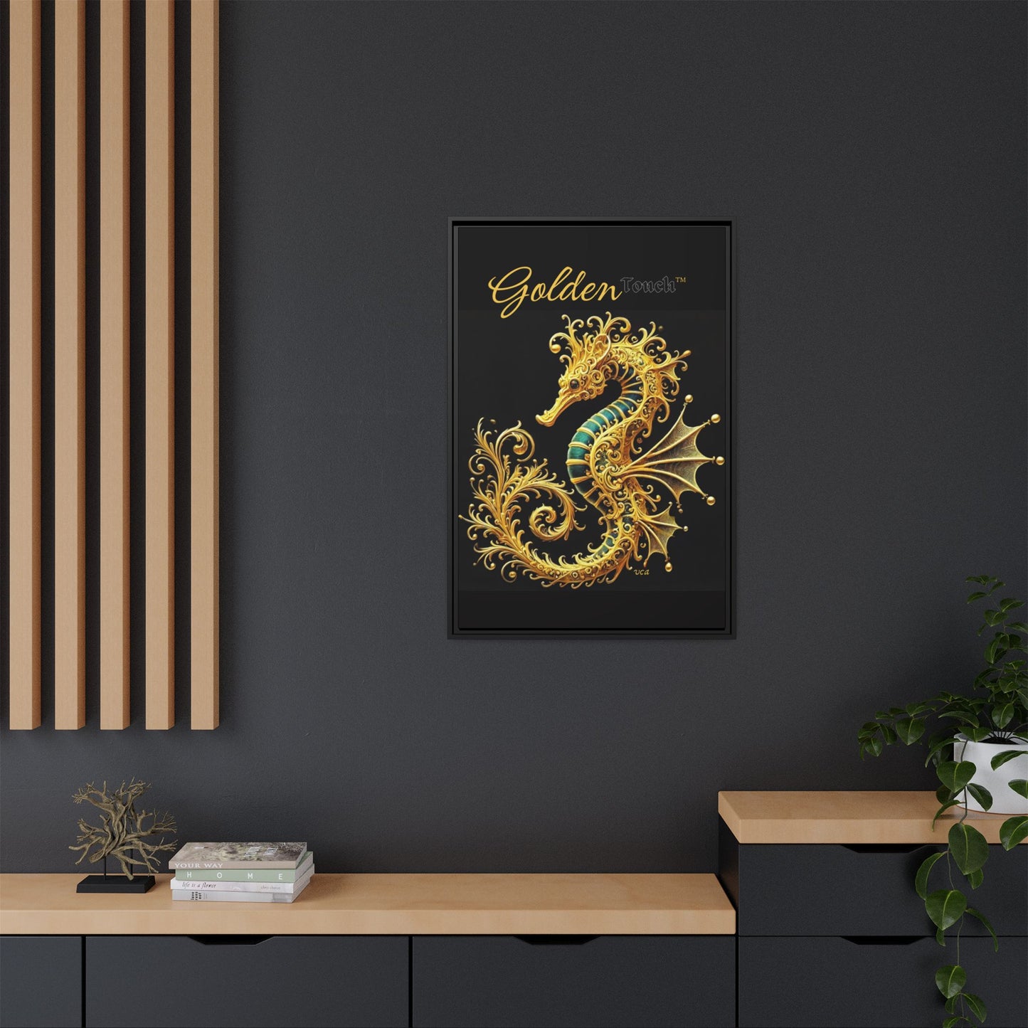 "Golden Touch" Collection – Framed '24k Gold & Emerald Seahorse' Matte Canvas by vca
