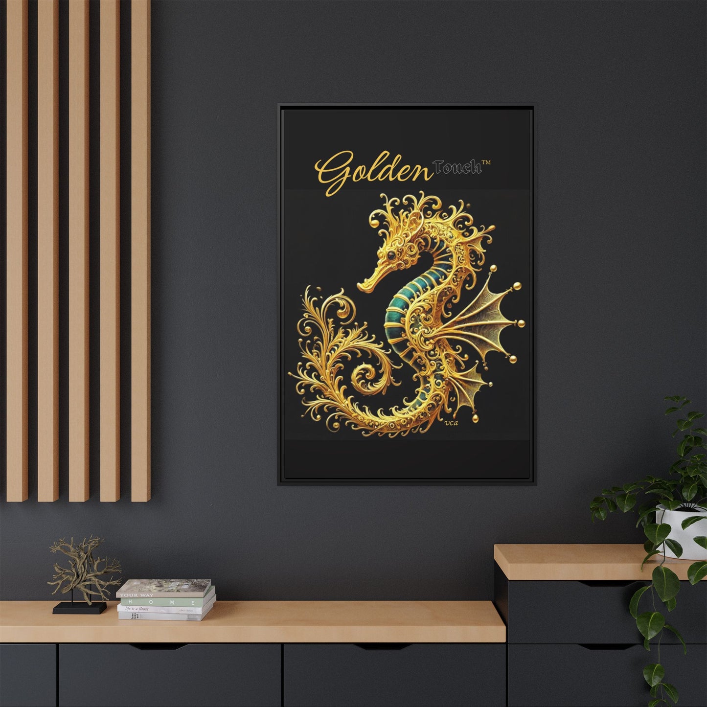 "Golden Touch" Collection – Framed '24k Gold & Emerald Seahorse' Matte Canvas by vca