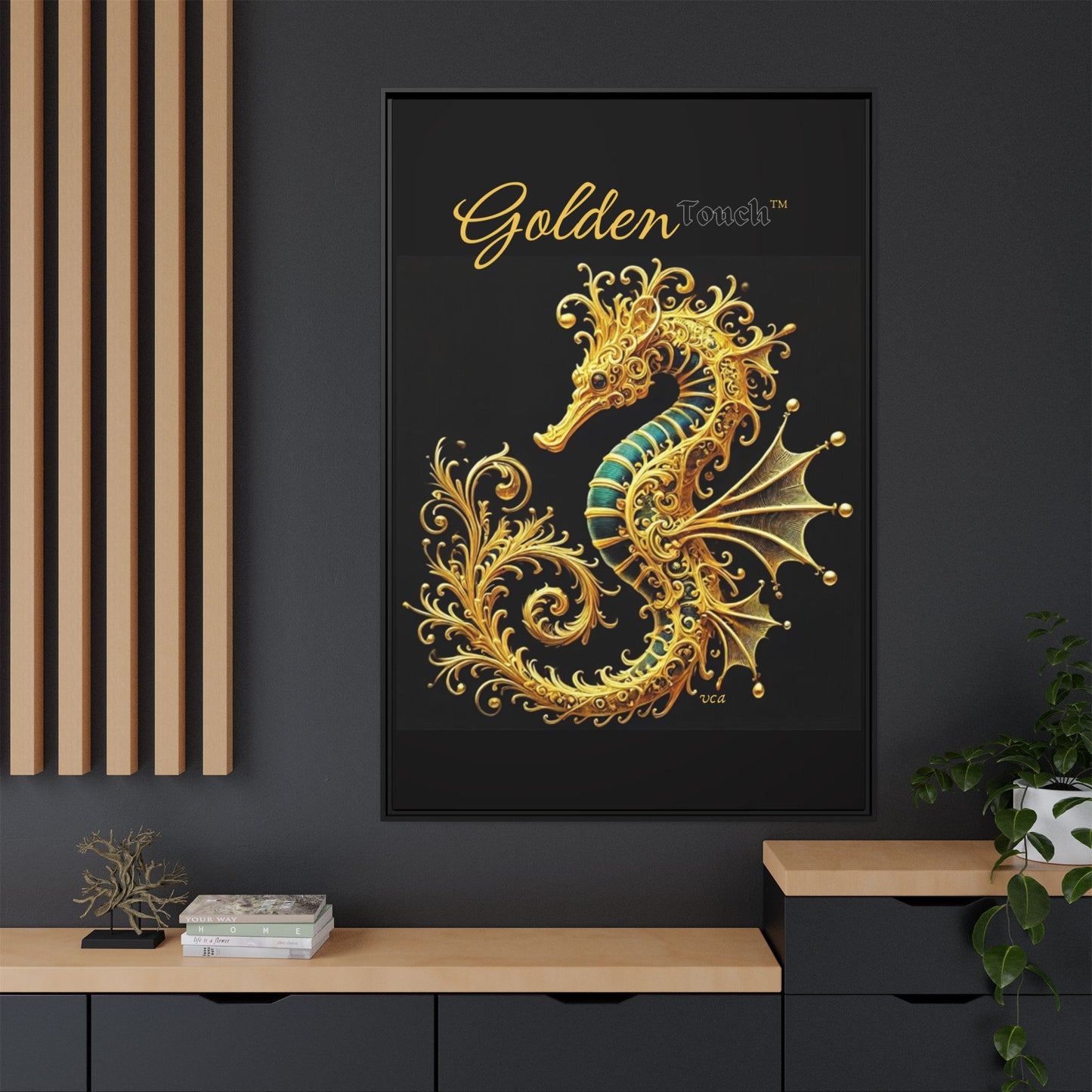 "Golden Touch" Collection – Framed '24k Gold & Emerald Seahorse' Matte Canvas by vca