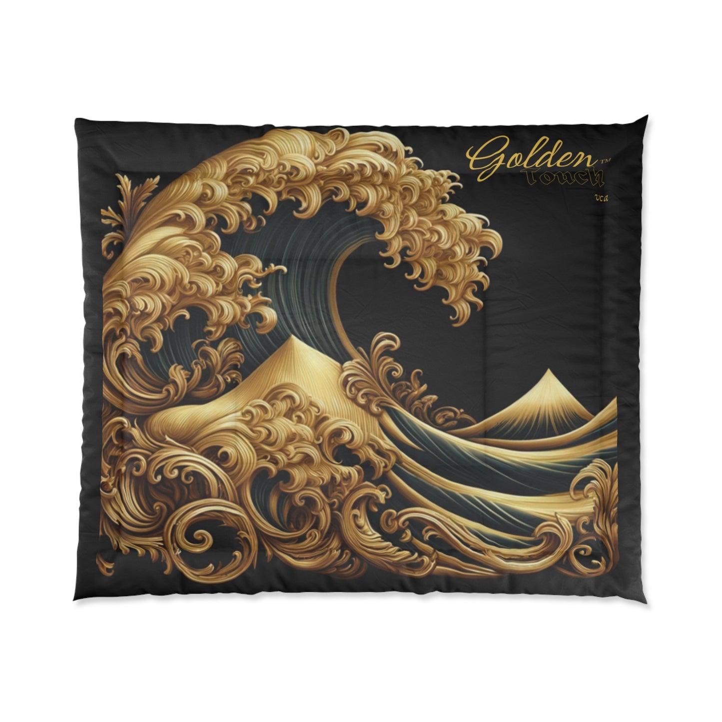 "Golden Touch" Collection -Golden Crest Comforter — Luxurious Black & Gold Ornamental Bedding by vca