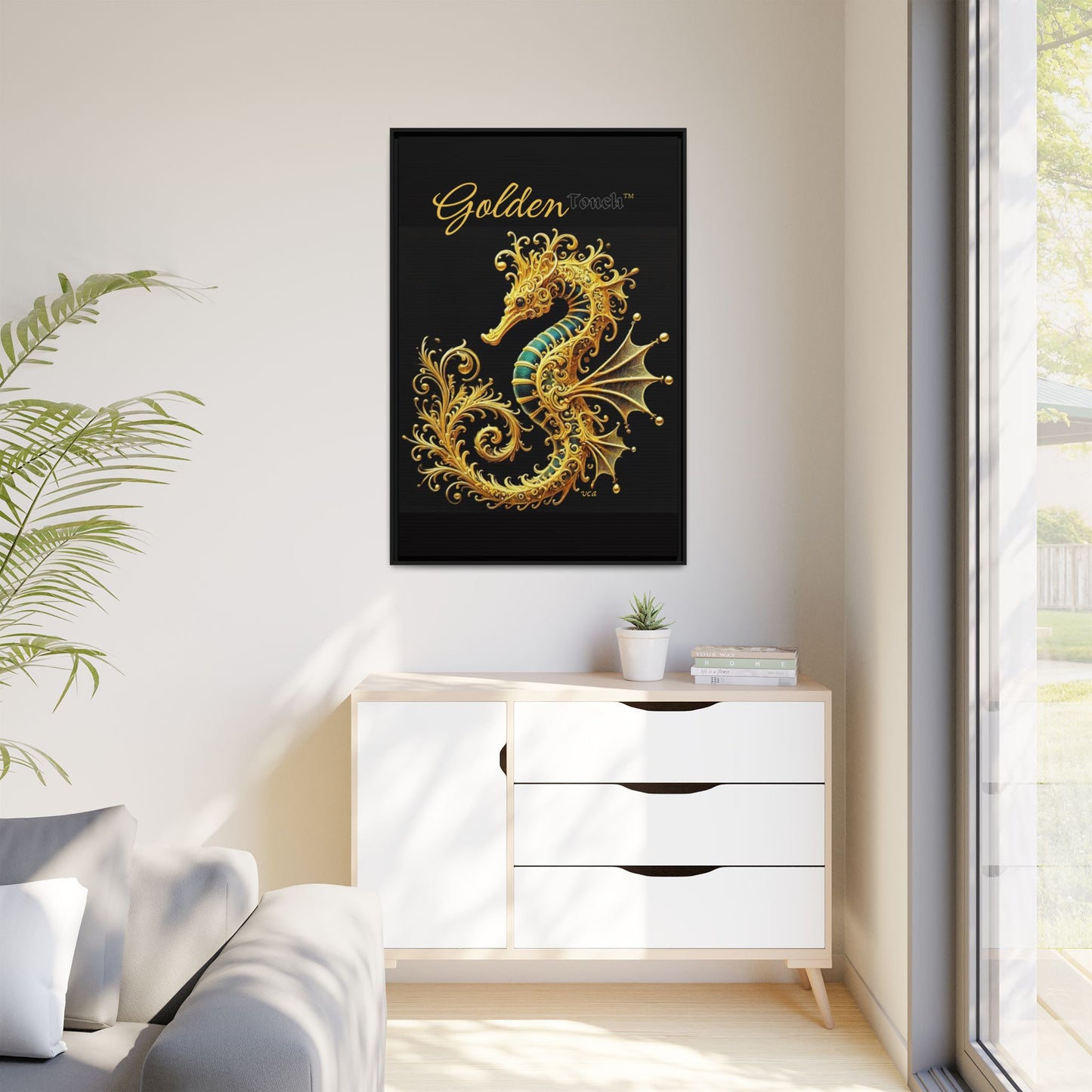 "Golden Touch" Collection – Framed '24k Gold & Emerald Seahorse' Matte Canvas by vca