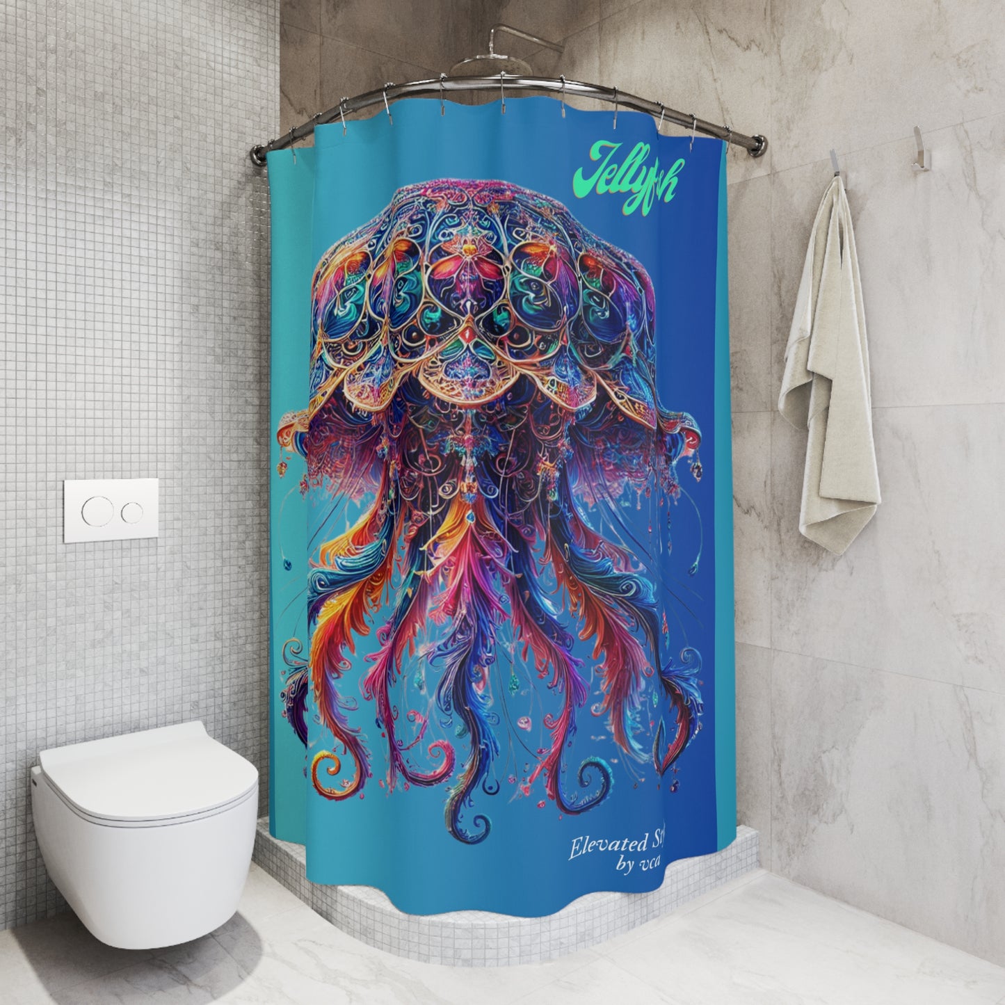 "Elevated Style" Collection - Jellyfish Shower Curtain — Vibrant Bohemian Ocean Art design by vca