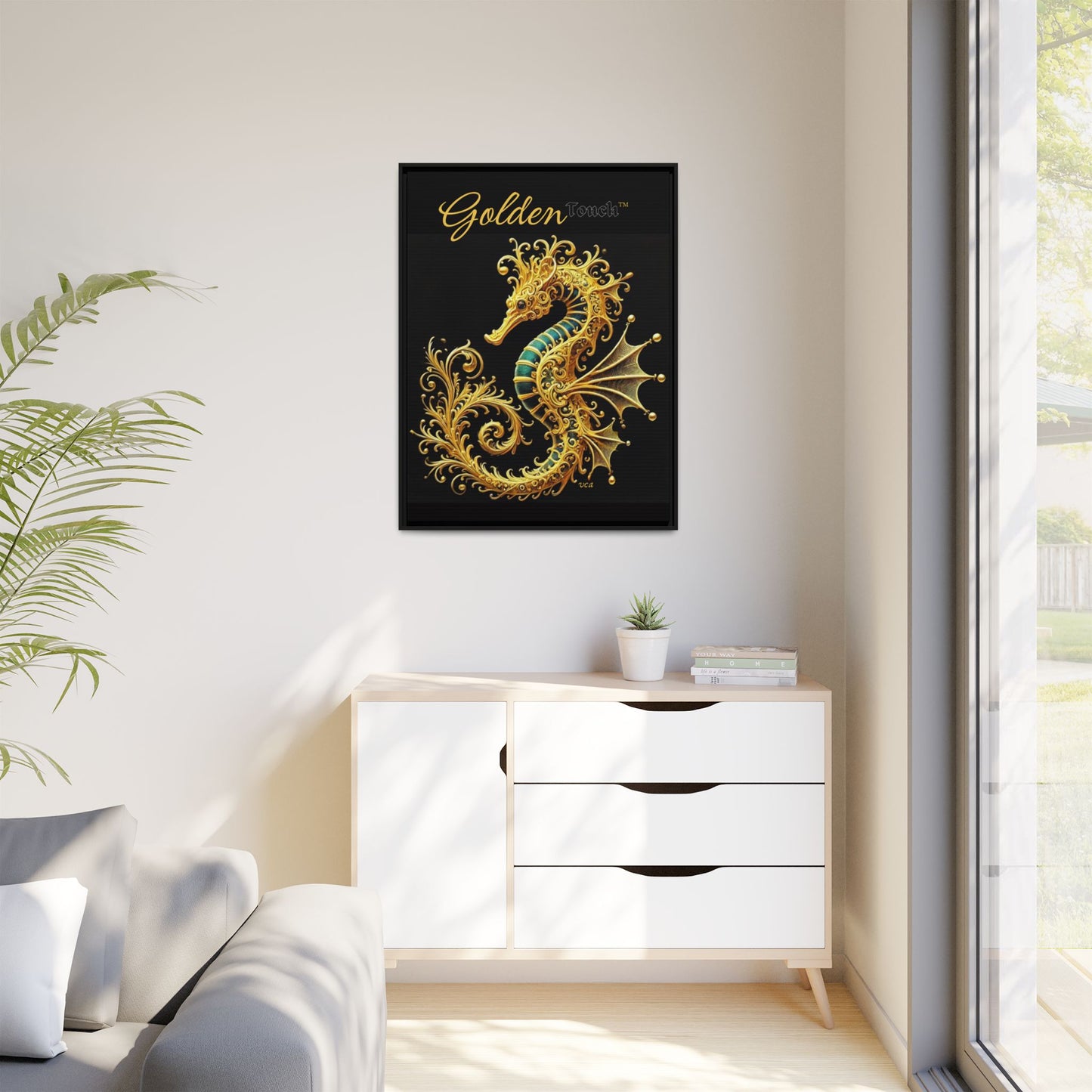 "Golden Touch" Collection – Framed '24k Gold & Emerald Seahorse' Matte Canvas by vca