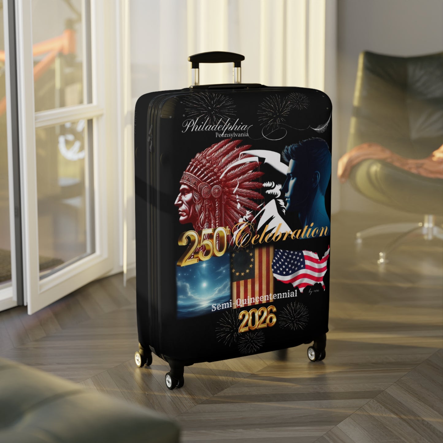 "Legacy of Liberty" Collection - Luggage Cover design by vca - Semi-Quincentennial Travel Accessory, 2-sided - Black