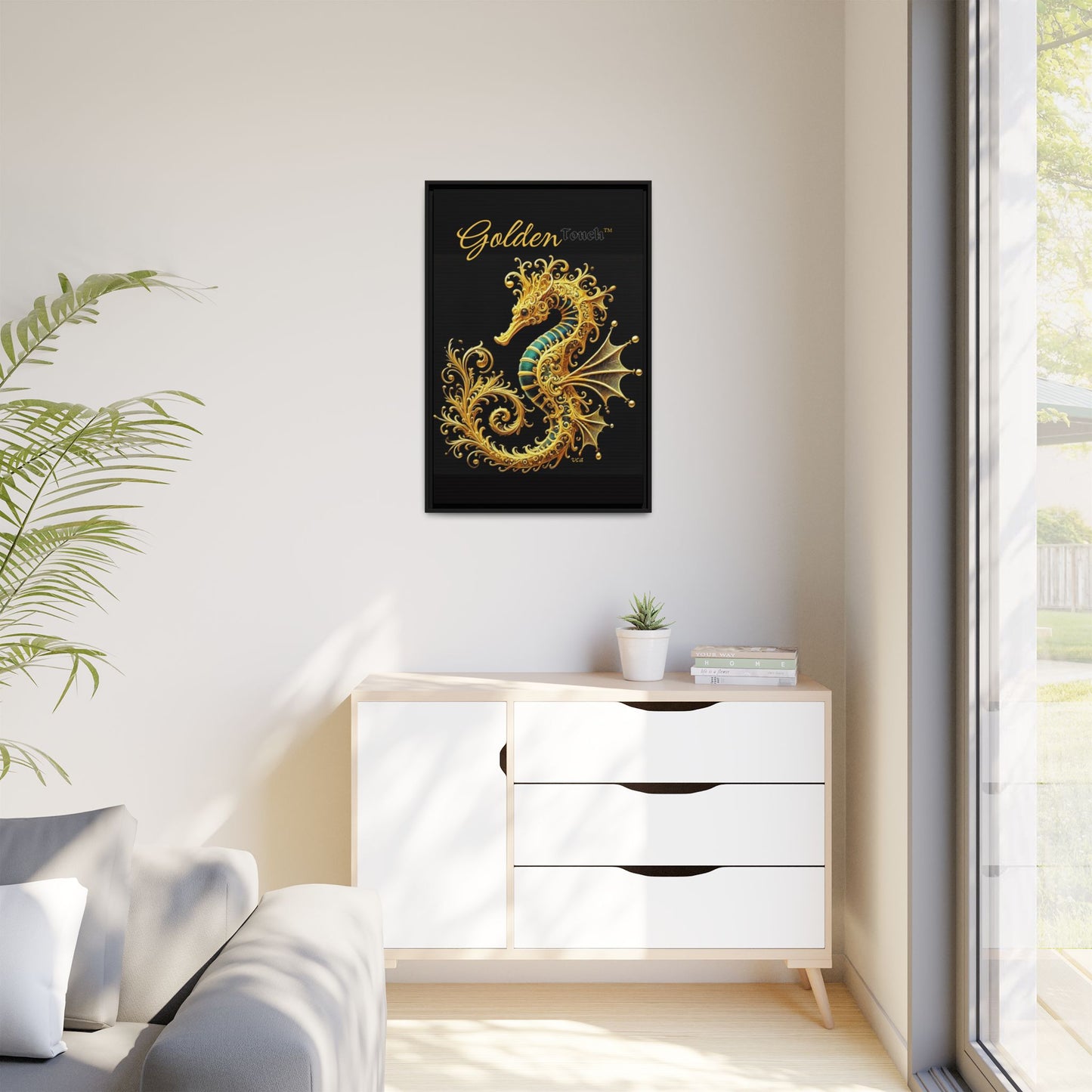 "Golden Touch" Collection – Framed '24k Gold & Emerald Seahorse' Matte Canvas by vca
