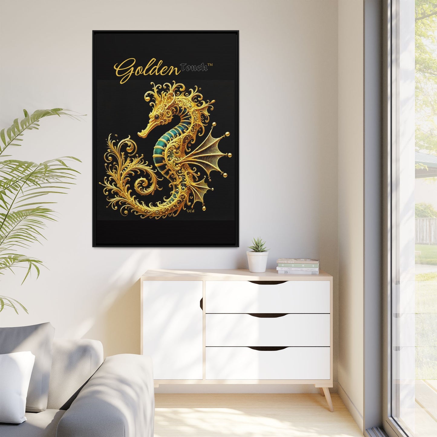 "Golden Touch" Collection – Framed '24k Gold & Emerald Seahorse' Matte Canvas by vca