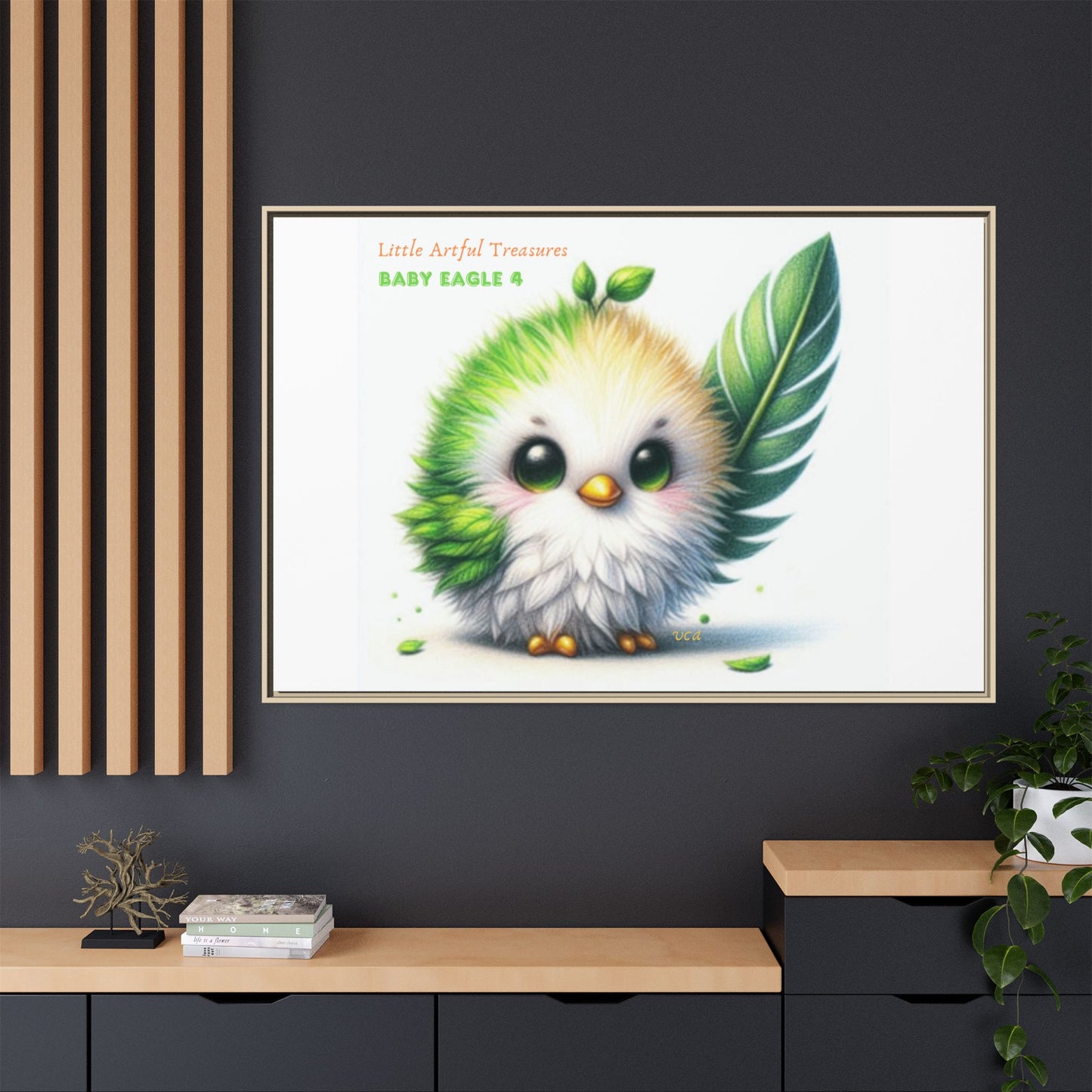 "Little Artful Treasures" Collection - Framed Canvas Wall Art - Cute Green Baby Eagle with Eagle feather ("Baby Eagle 4") by vca