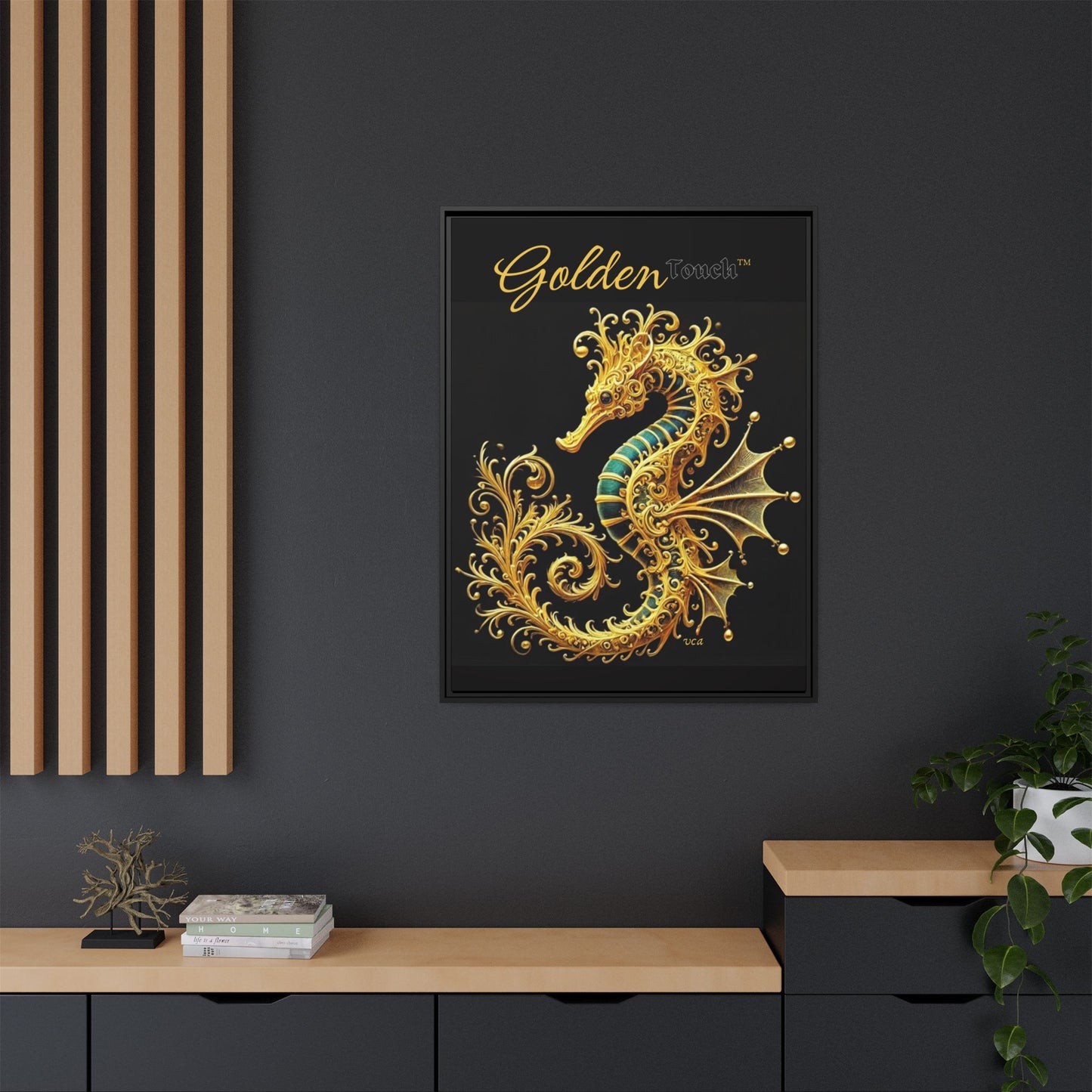 "Golden Touch" Collection – Framed '24k Gold & Emerald Seahorse' Matte Canvas by vca