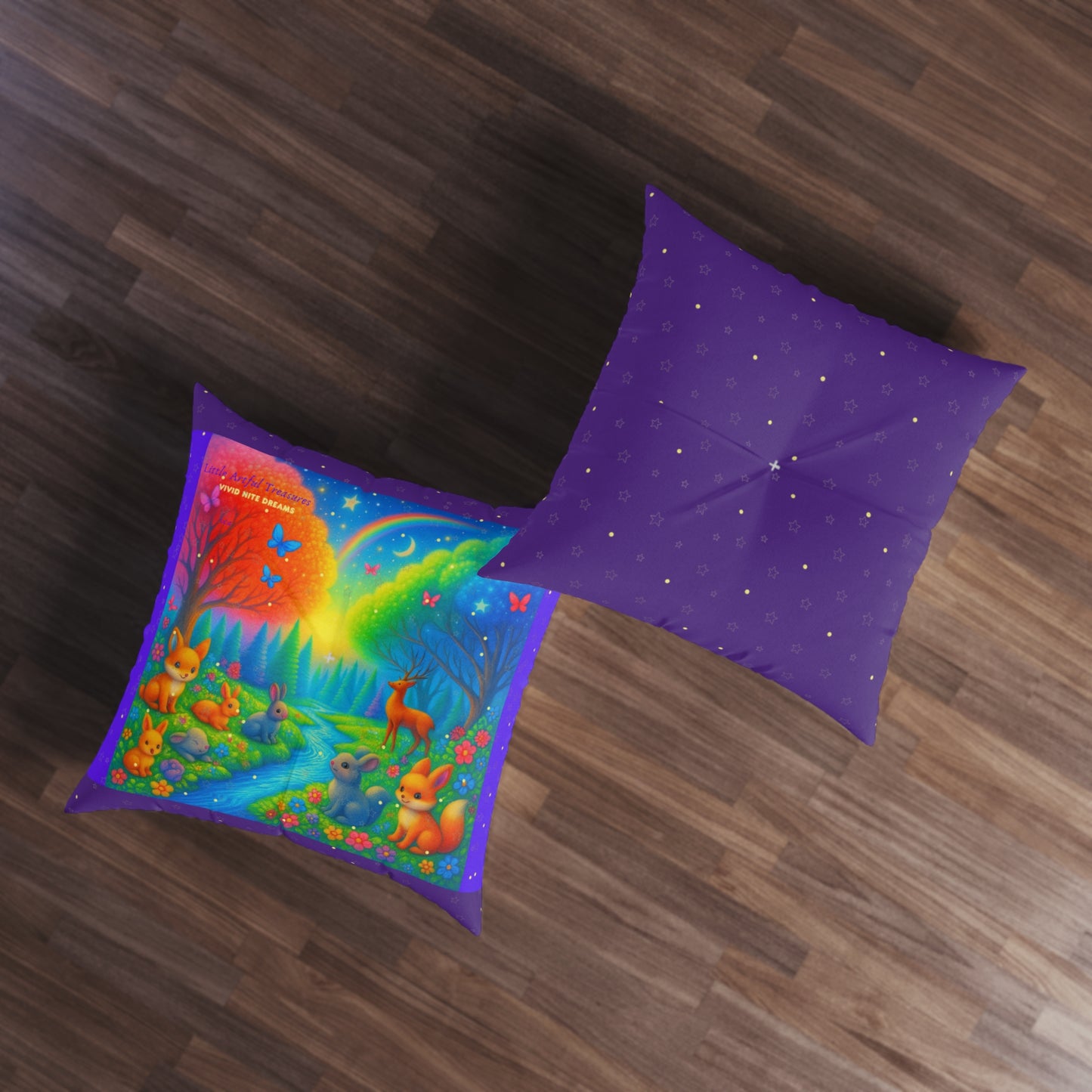 "Little Artful Treasures" Collection - Whimsical Forest Animals Square Floor Pillow — 'Vivid Nite Dreams' by vca - Deep Purple
