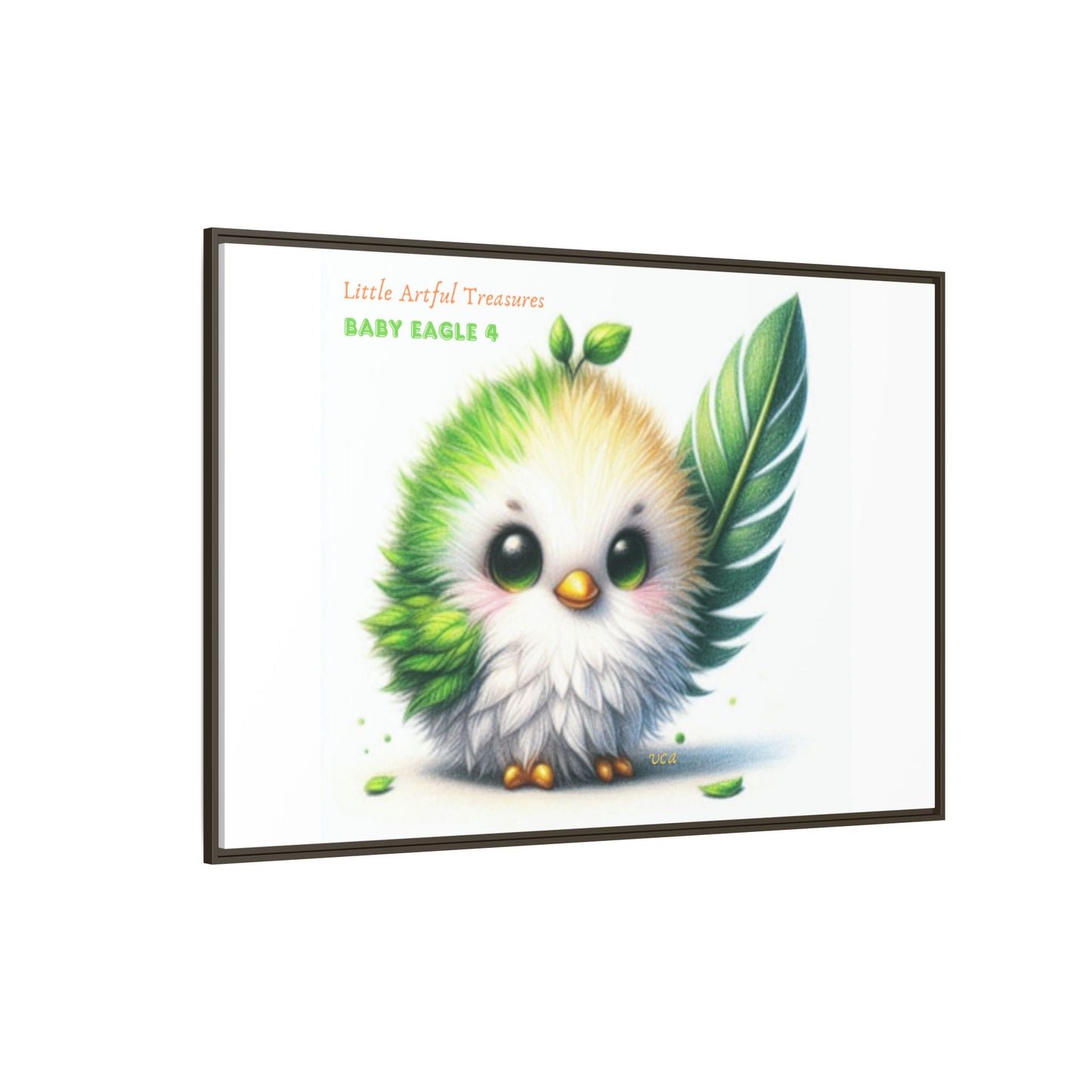 "Little Artful Treasures" Collection - Framed Canvas Wall Art - Cute Green Baby Eagle with Eagle feather ("Baby Eagle 4") by vca