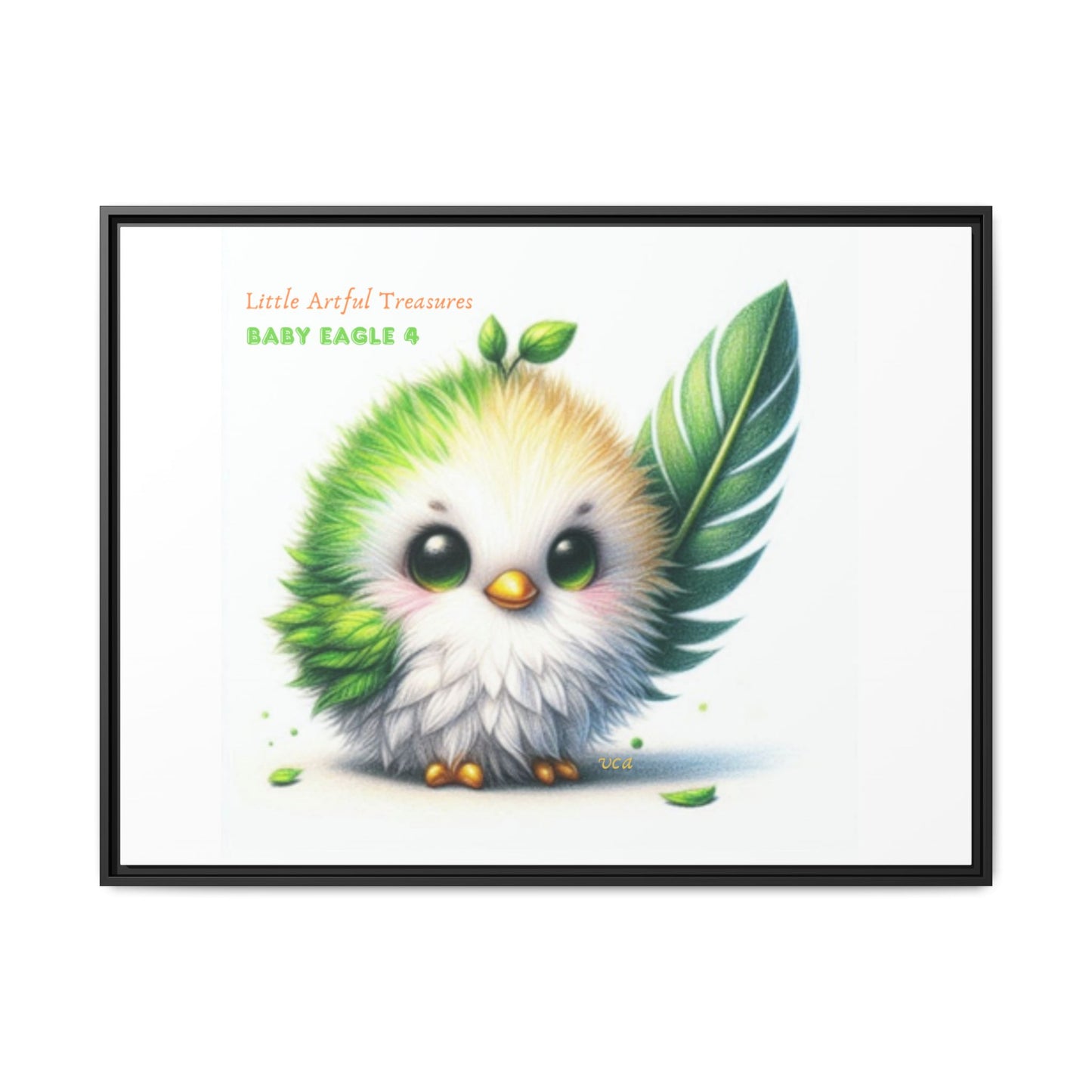 "Little Artful Treasures" Collection - Framed Canvas Wall Art - Cute Green Baby Eagle with Eagle feather ("Baby Eagle 4") by vca