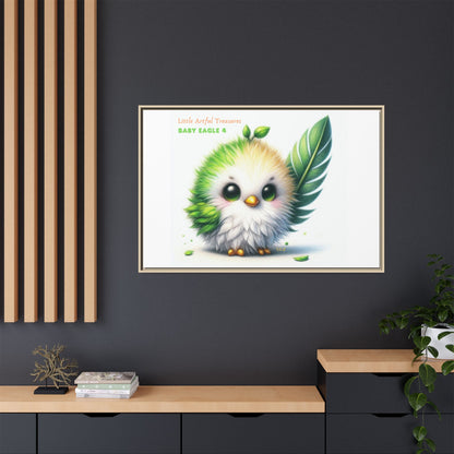 "Little Artful Treasures" Collection - Framed Canvas Wall Art - Cute Green Baby Eagle with Eagle feather ("Baby Eagle 4") by vca