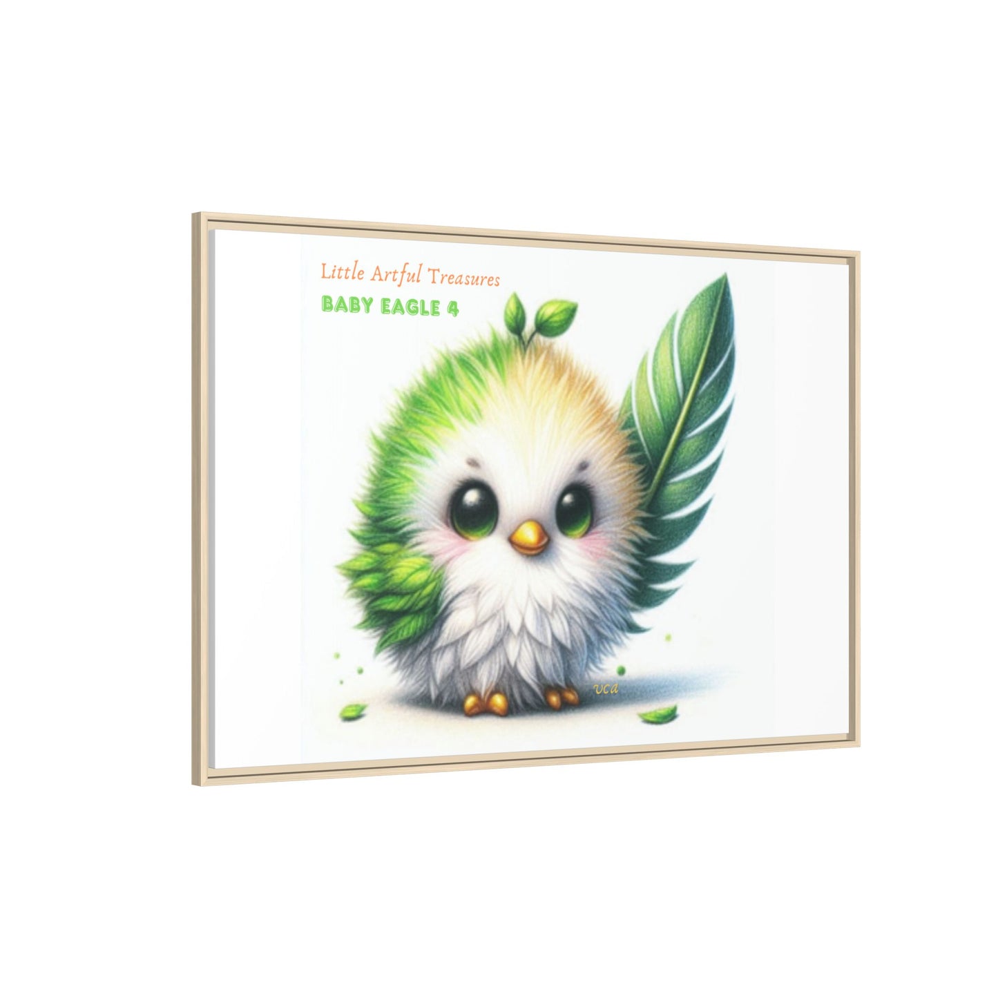 "Little Artful Treasures" Collection - Framed Canvas Wall Art - Cute Green Baby Eagle with Eagle feather ("Baby Eagle 4") by vca