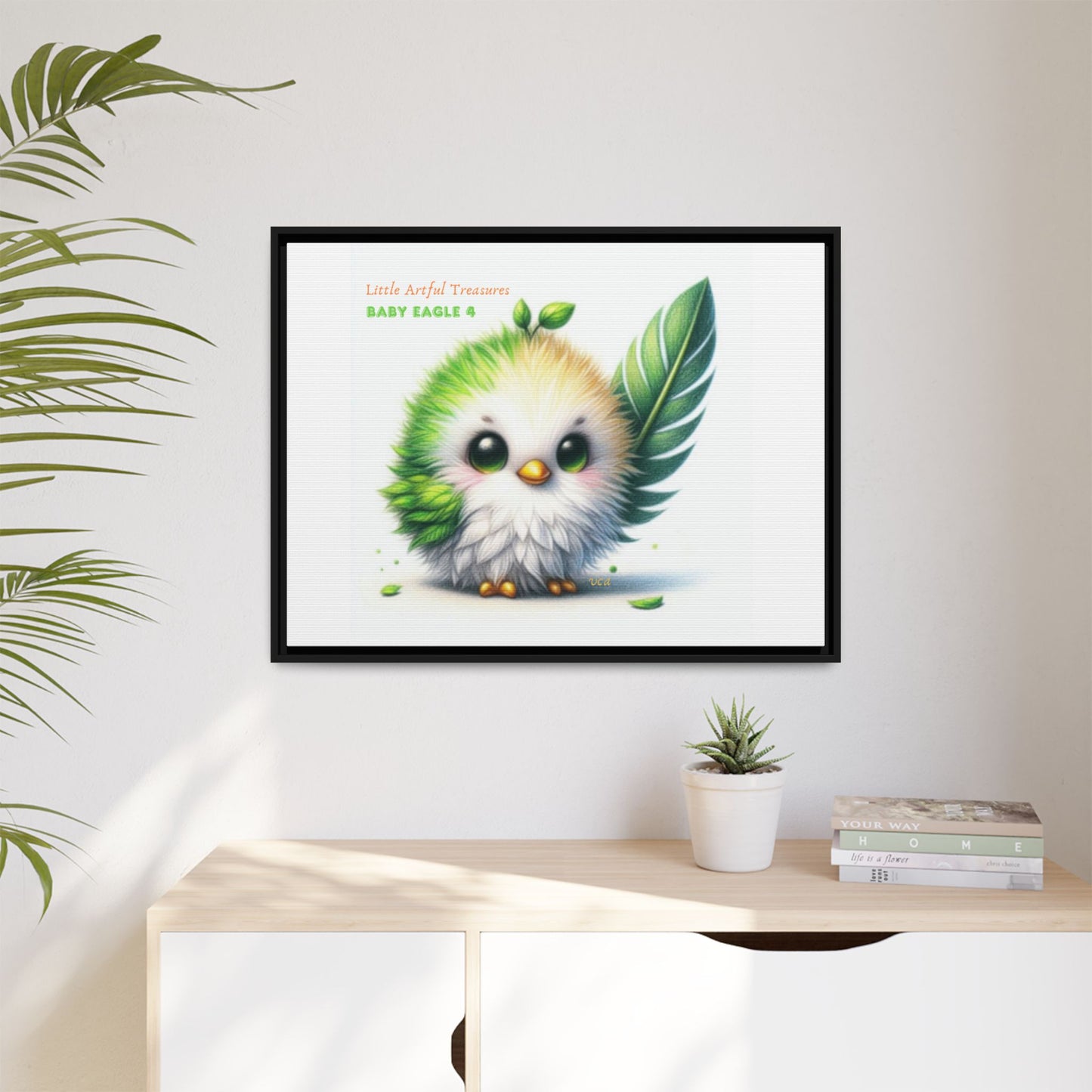 "Little Artful Treasures" Collection - Framed Canvas Wall Art - Cute Green Baby Eagle with Eagle feather ("Baby Eagle 4") by vca