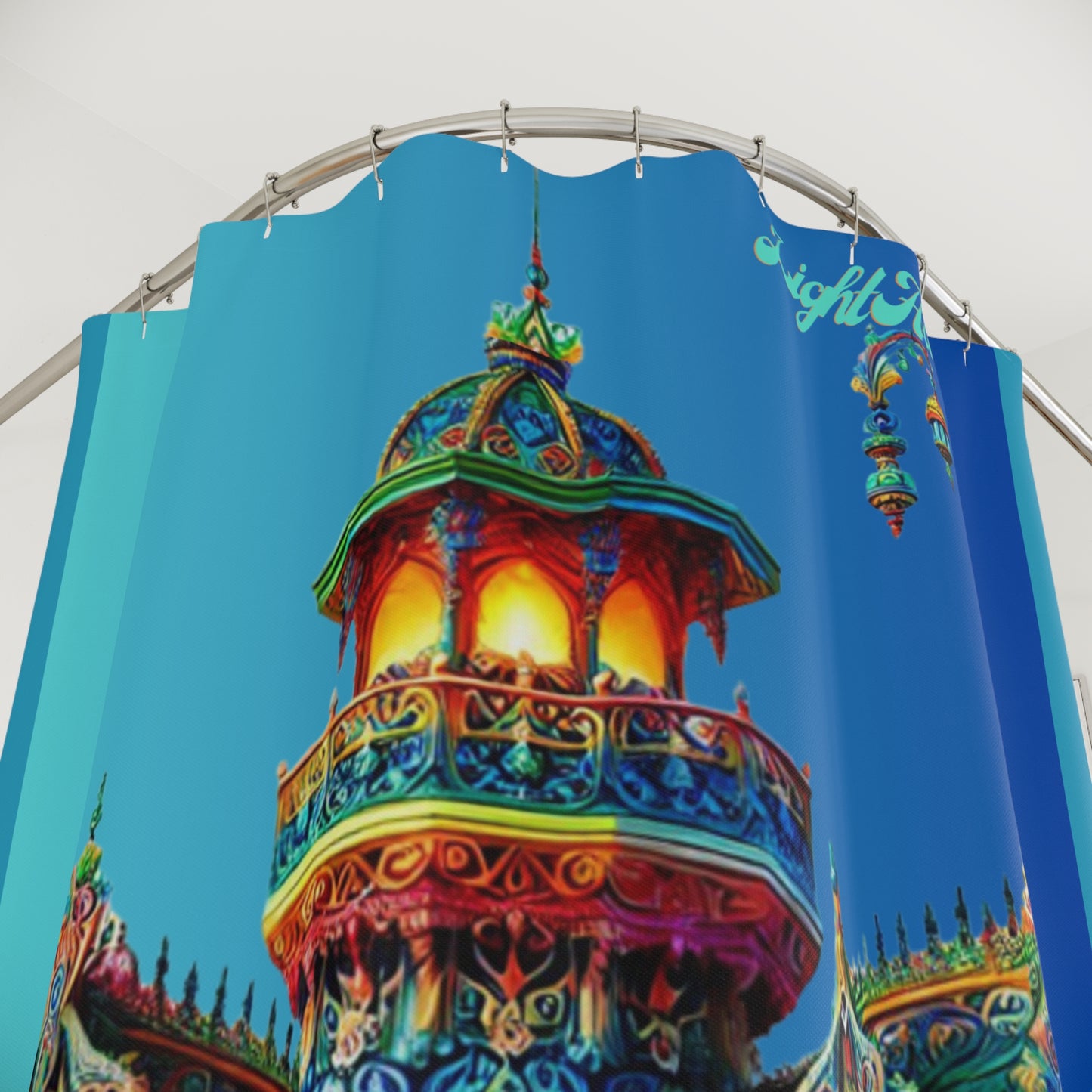 "Elevated Style" Collection - Light House Palace designer Shower Curtain by vca — Vibrant Fantasy Castle Bathroom Décor