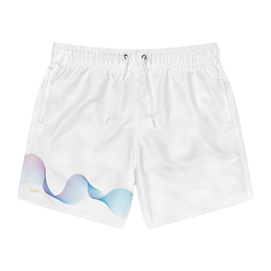 "Elevated Style" Collection - 'Coastal Echo' Designer Men's Swim Trunks (White) - by vca