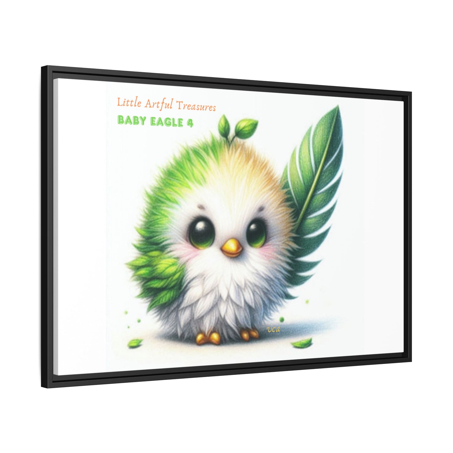 "Little Artful Treasures" Collection - Framed Canvas Wall Art - Cute Green Baby Eagle with Eagle feather ("Baby Eagle 4") by vca