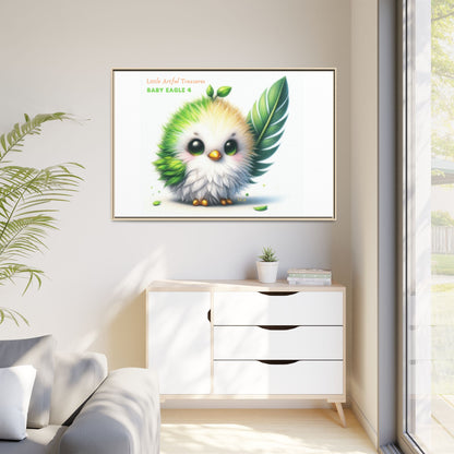 "Little Artful Treasures" Collection - Framed Canvas Wall Art - Cute Green Baby Eagle with Eagle feather ("Baby Eagle 4") by vca