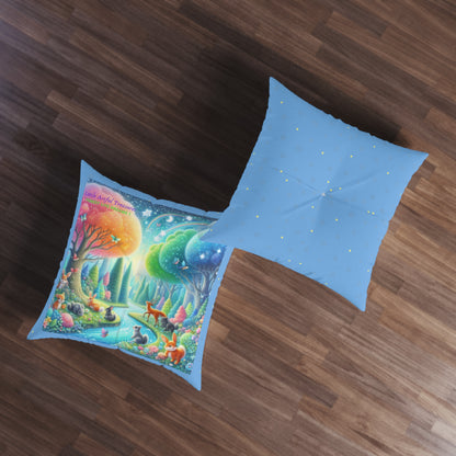 "Little Artful Treasures" Collection - Floor Pillow, Tufted Cushion — 'Forest Lite Dreams 1' by vca - 2 sided - Lt. Blue