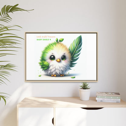 "Little Artful Treasures" Collection - Framed Canvas Wall Art - Cute Green Baby Eagle with Eagle feather ("Baby Eagle 4") by vca