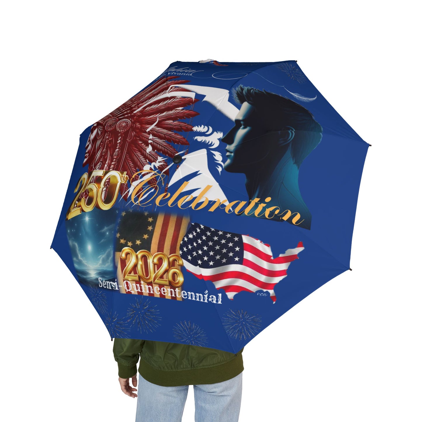 "Legacy of Liberty" Collection - 250th Celebration Foldable Umbrella, (Semi-Automatic) — Designer Umbrella by vca -Blue