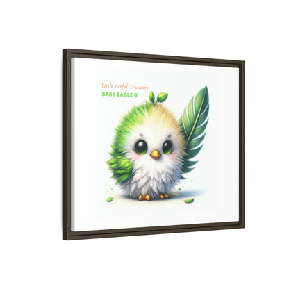 "Little Artful Treasures" Collection - Framed Canvas Wall Art - Cute Green Baby Eagle with Eagle feather ("Baby Eagle 4") by vca