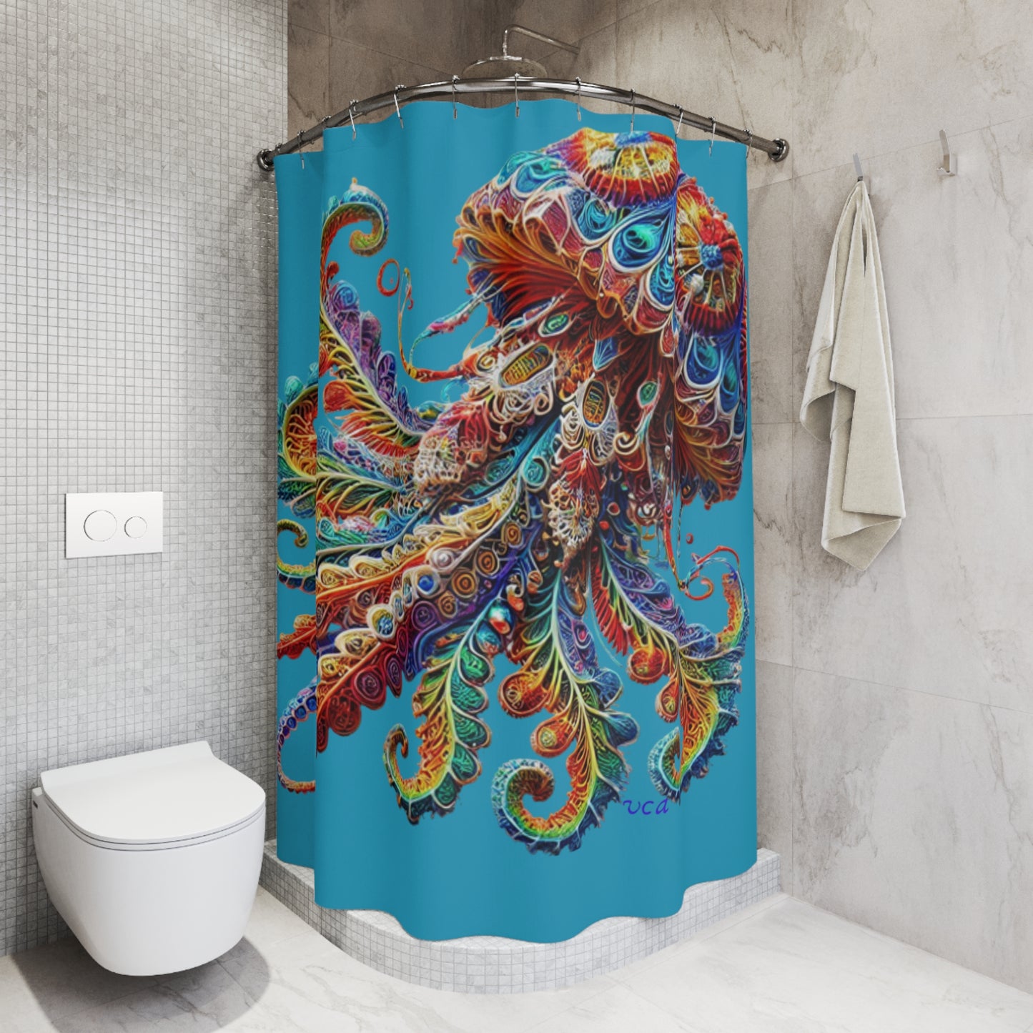 "Elevated Style" Collection - Jewel-Toned Jellyfish Shower Curtain design by vca — Colorful Nautical Bathroom Decor
