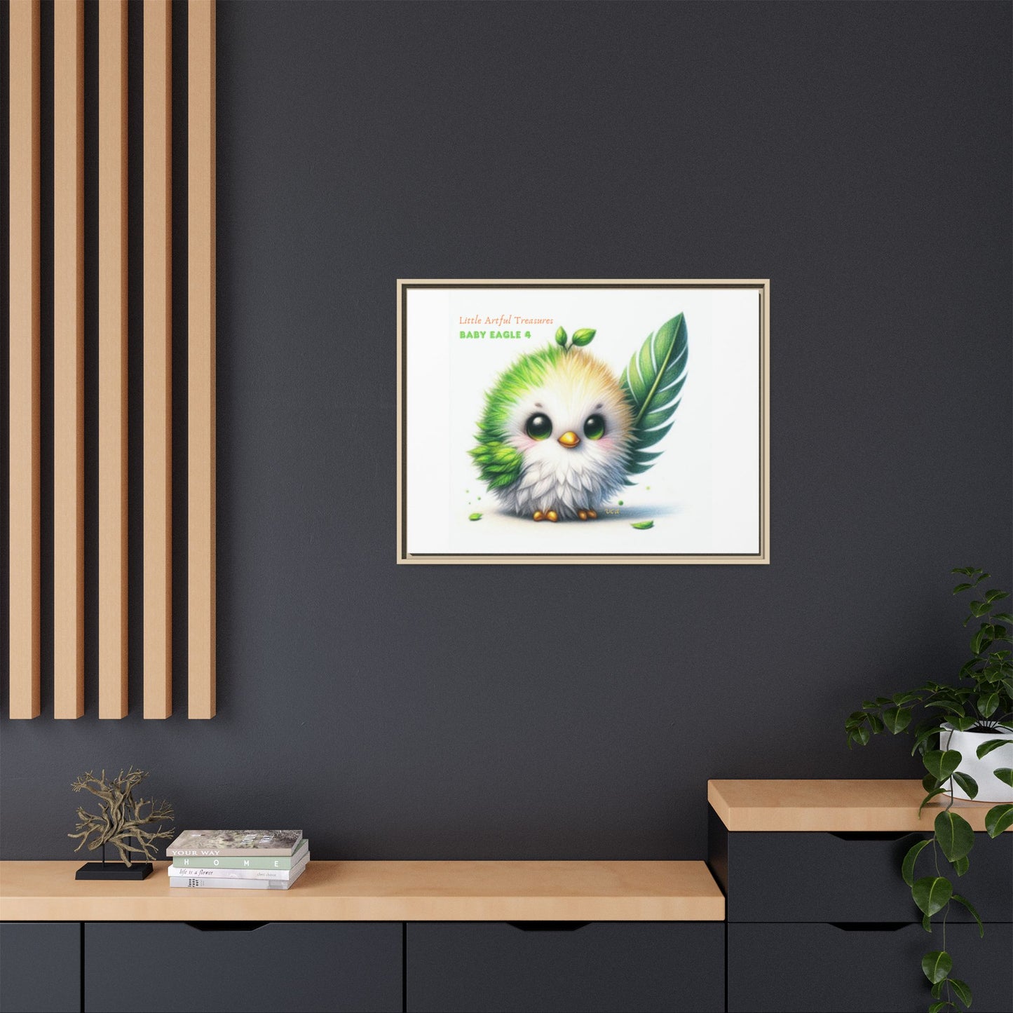 "Little Artful Treasures" Collection - Framed Canvas Wall Art - Cute Green Baby Eagle with Eagle feather ("Baby Eagle 4") by vca