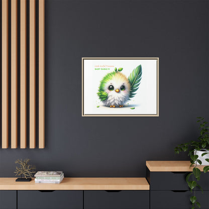"Little Artful Treasures" Collection - Framed Canvas Wall Art - Cute Green Baby Eagle with Eagle feather ("Baby Eagle 4") by vca