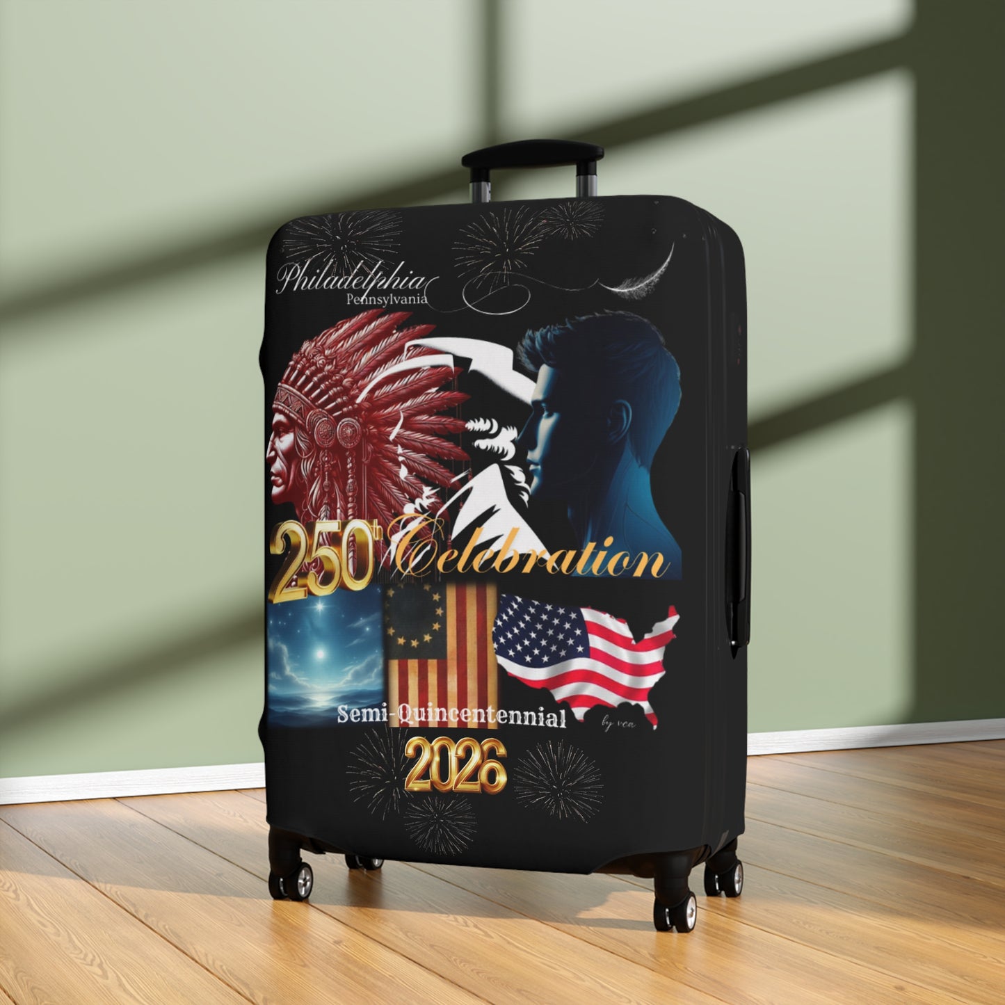 "Legacy of Liberty" Collection - Luggage Cover design by vca - Semi-Quincentennial Travel Accessory, 2-sided - Black