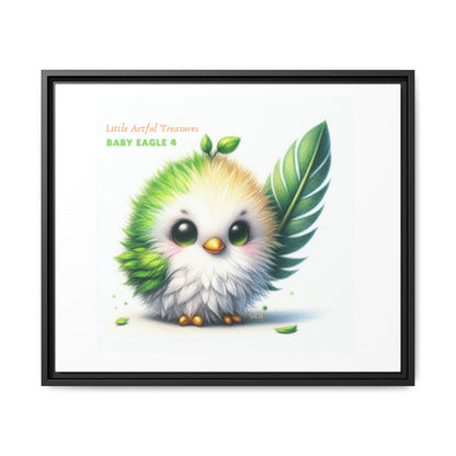 "Little Artful Treasures" Collection - Framed Canvas Wall Art - Cute Green Baby Eagle with Eagle feather ("Baby Eagle 4") by vca