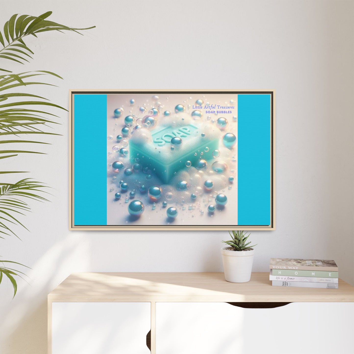 "Little Artful Treasures" Collection - Framed Matte Canvas Wall Art — 'Soap Bubbles' by vca - Blue