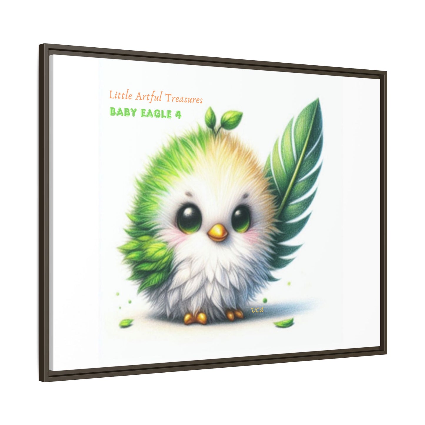 "Little Artful Treasures" Collection - Framed Canvas Wall Art - Cute Green Baby Eagle with Eagle feather ("Baby Eagle 4") by vca