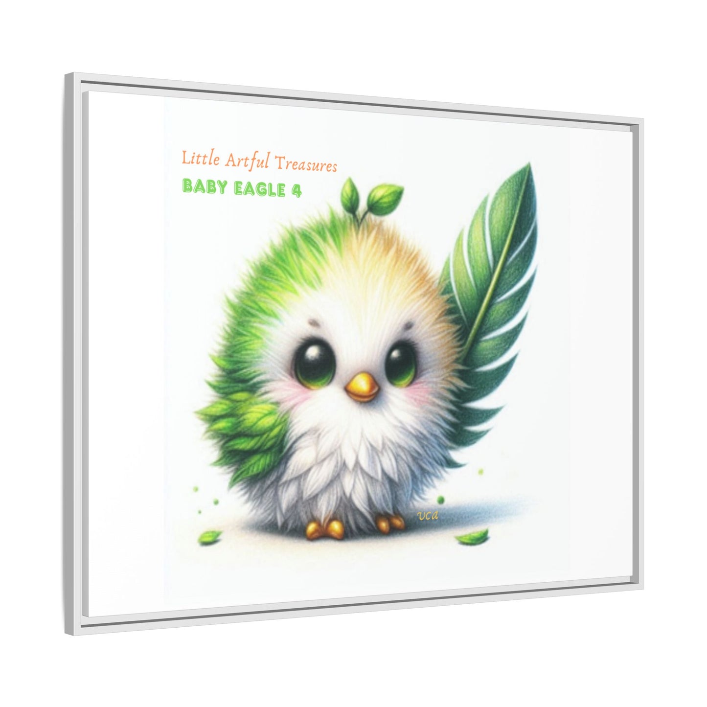 "Little Artful Treasures" Collection - Framed Canvas Wall Art - Cute Green Baby Eagle with Eagle feather ("Baby Eagle 4") by vca