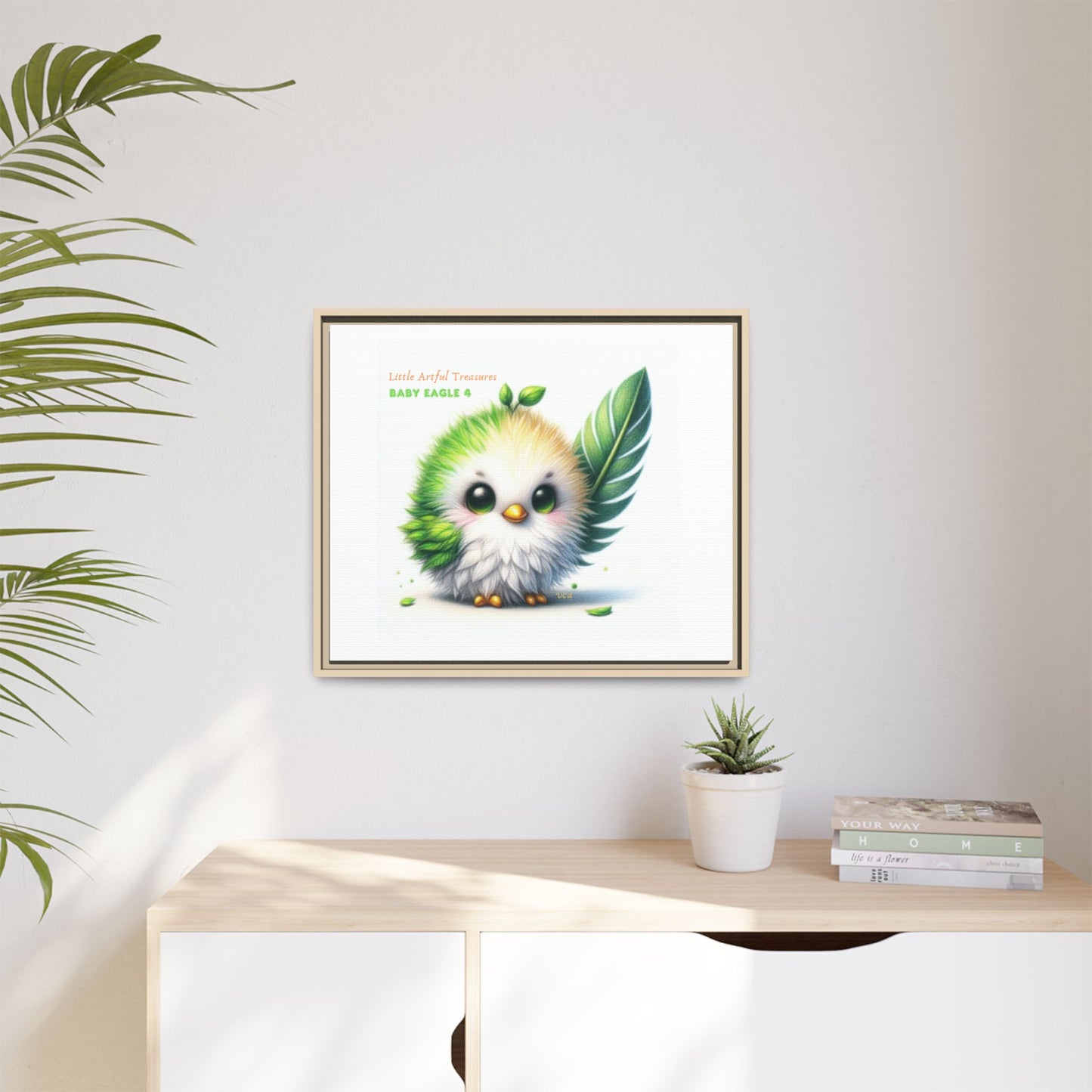 "Little Artful Treasures" Collection - Framed Canvas Wall Art - Cute Green Baby Eagle with Eagle feather ("Baby Eagle 4") by vca