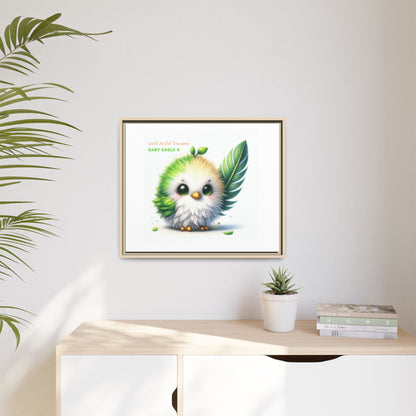 "Little Artful Treasures" Collection - Framed Canvas Wall Art - Cute Green Baby Eagle with Eagle feather ("Baby Eagle 4") by vca