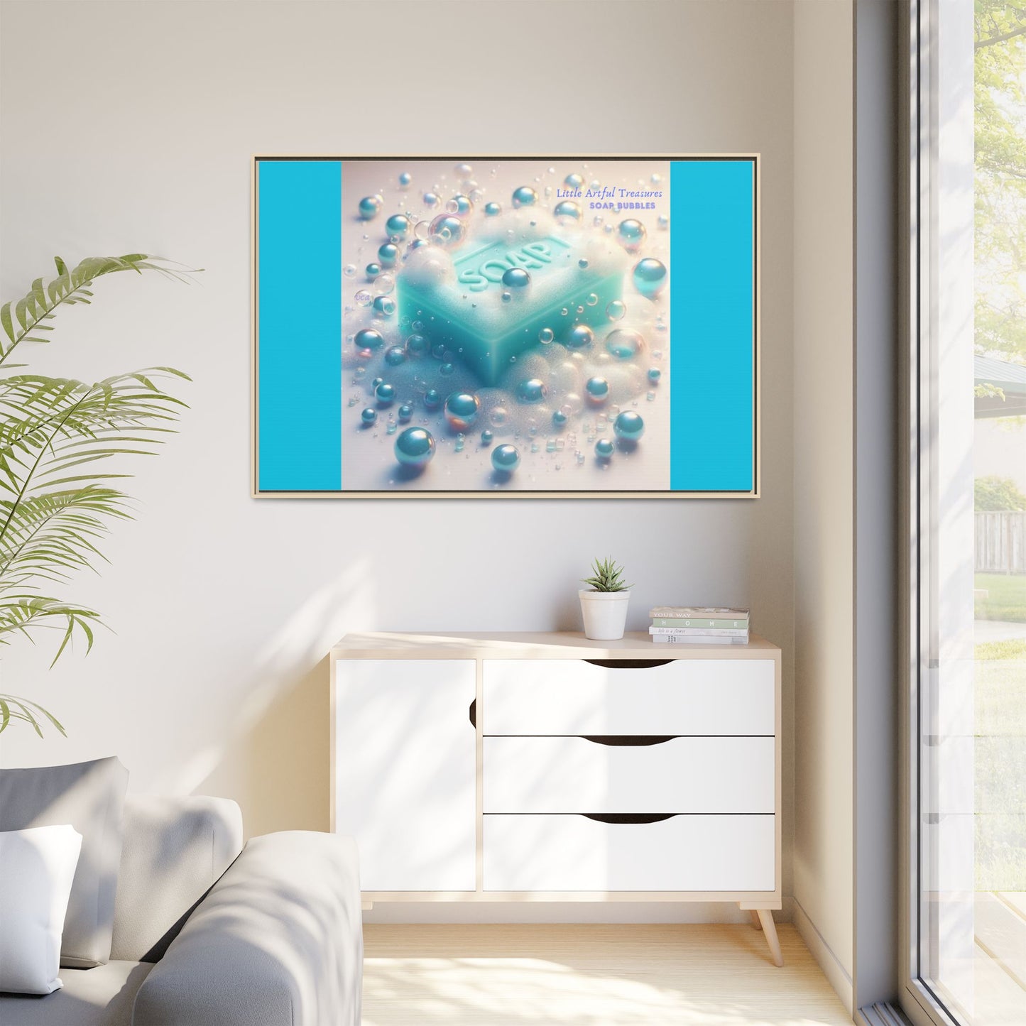 "Little Artful Treasures" Collection - Framed Matte Canvas Wall Art — 'Soap Bubbles' by vca - Blue