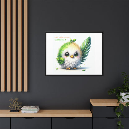 "Little Artful Treasures" Collection - Framed Canvas Wall Art - Cute Green Baby Eagle with Eagle feather ("Baby Eagle 4") by vca