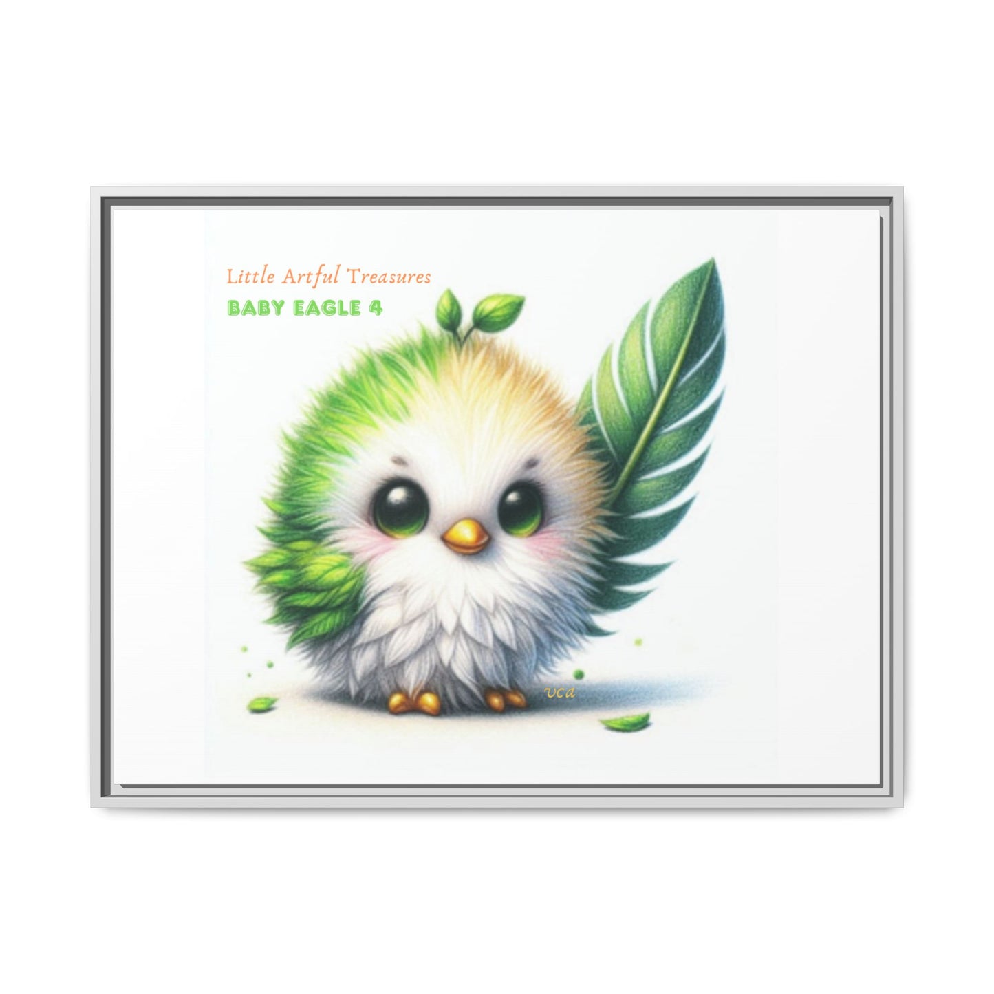 "Little Artful Treasures" Collection - Framed Canvas Wall Art - Cute Green Baby Eagle with Eagle feather ("Baby Eagle 4") by vca