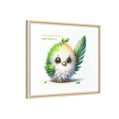 "Little Artful Treasures" Collection - Framed Canvas Wall Art - Cute Green Baby Eagle with Eagle feather ("Baby Eagle 4") by vca