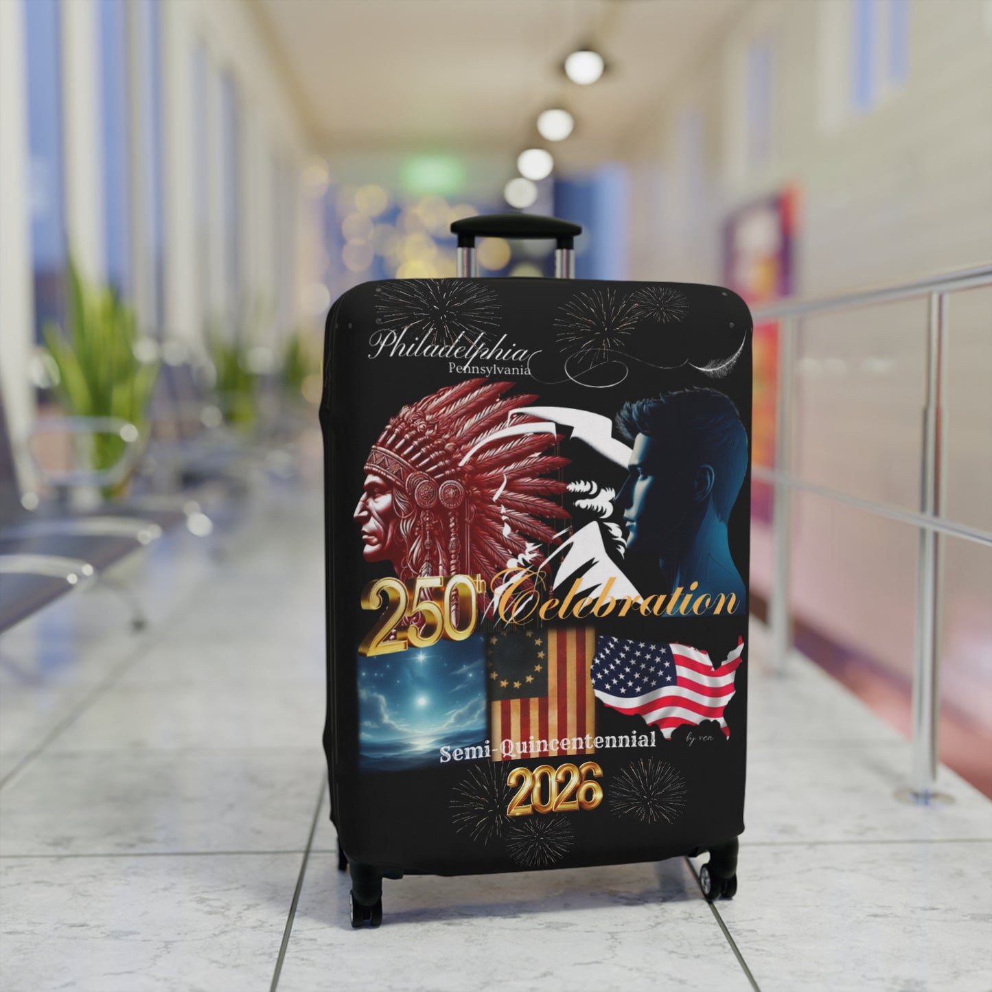 "Legacy of Liberty" Collection - Luggage Cover design by vca - Semi-Quincentennial Travel Accessory, 2-sided - Black