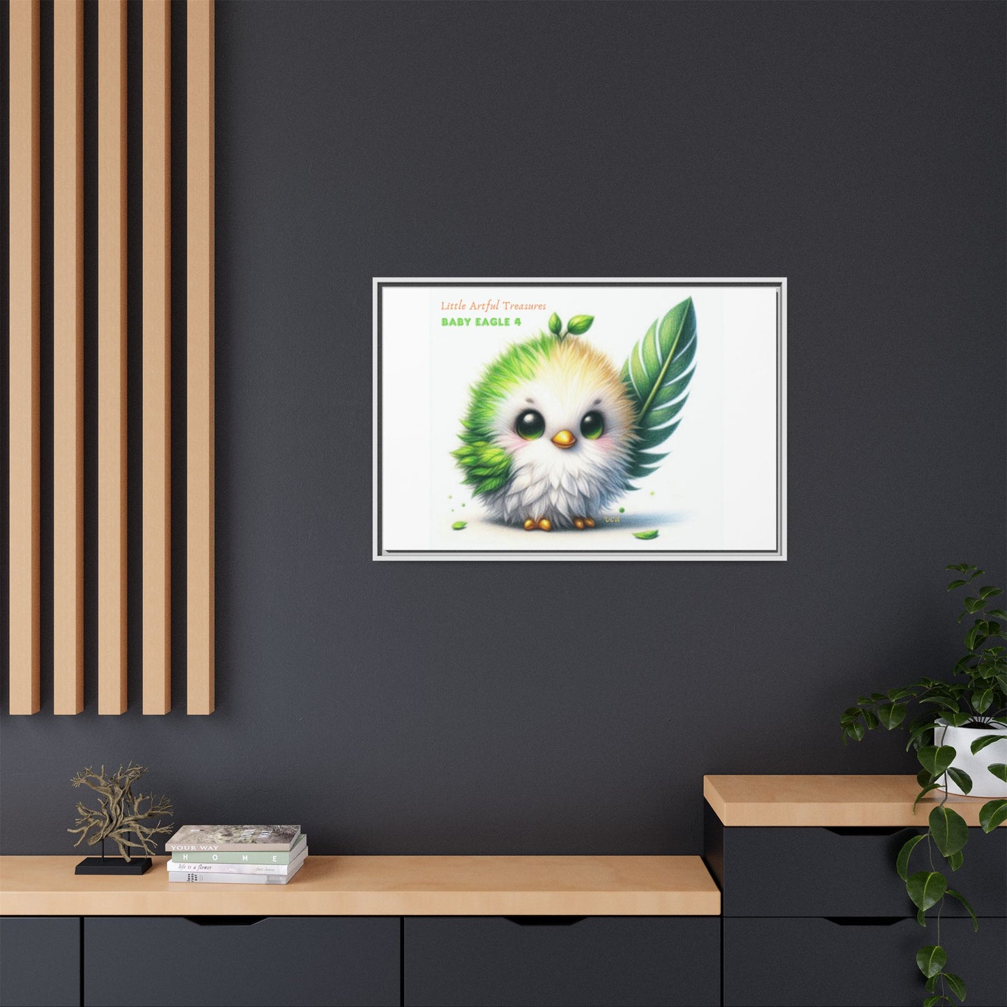 "Little Artful Treasures" Collection - Framed Canvas Wall Art - Cute Green Baby Eagle with Eagle feather ("Baby Eagle 4") by vca