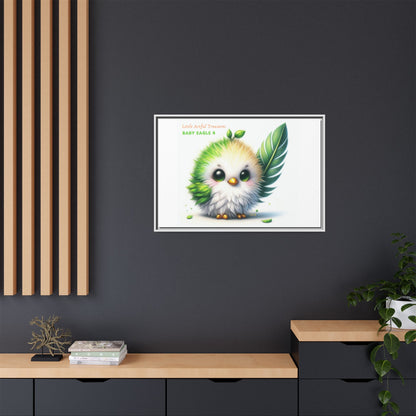 "Little Artful Treasures" Collection - Framed Canvas Wall Art - Cute Green Baby Eagle with Eagle feather ("Baby Eagle 4") by vca