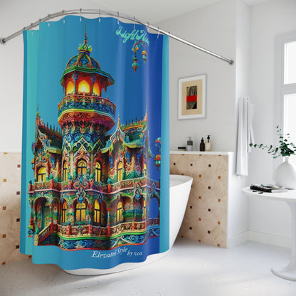 "Elevated Style" Collection - Light House Palace designer Shower Curtain by vca — Vibrant Fantasy Castle Bathroom Décor