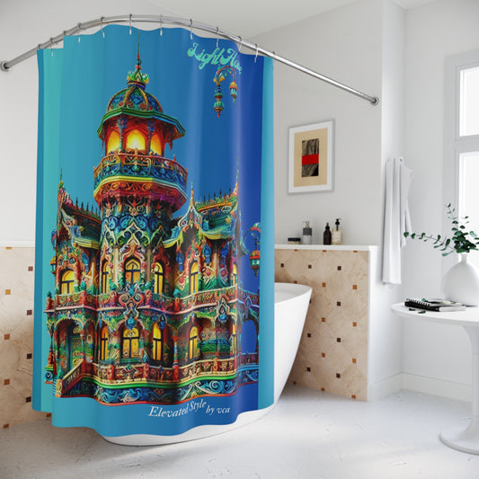 "Elevated Style" Collection - Light House Palace designer Shower Curtain by vca — Vibrant Fantasy Castle Bathroom Décor