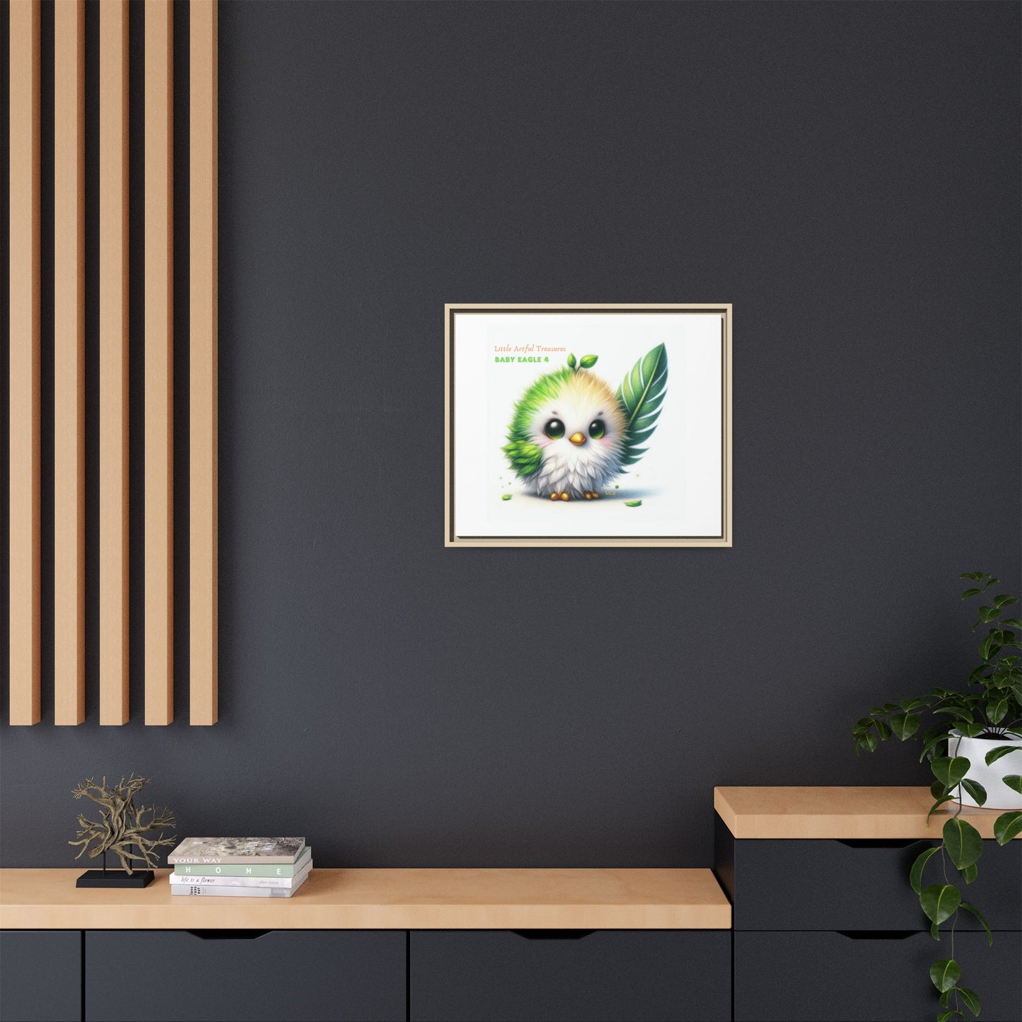 "Little Artful Treasures" Collection - Framed Canvas Wall Art - Cute Green Baby Eagle with Eagle feather ("Baby Eagle 4") by vca