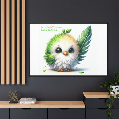 "Little Artful Treasures" Collection - Framed Canvas Wall Art - Cute Green Baby Eagle with Eagle feather ("Baby Eagle 4") by vca