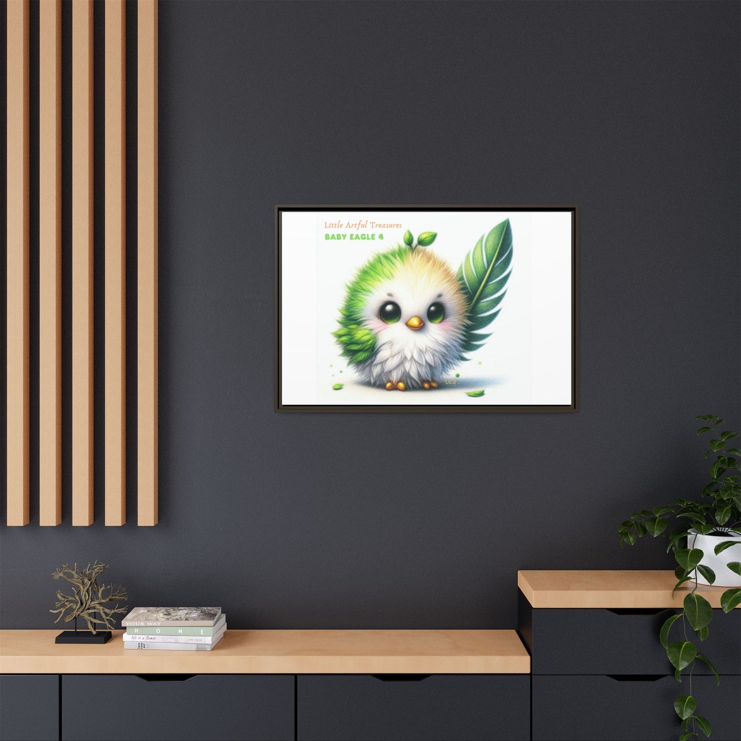 "Little Artful Treasures" Collection - Framed Canvas Wall Art - Cute Green Baby Eagle with Eagle feather ("Baby Eagle 4") by vca